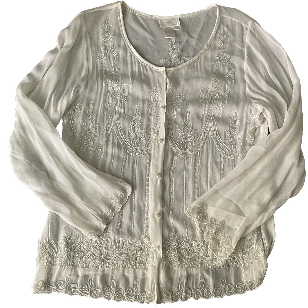 Soft Surroundings White Semi‎ Sheer  Beaded Pearl Button Dressy Top Size Large